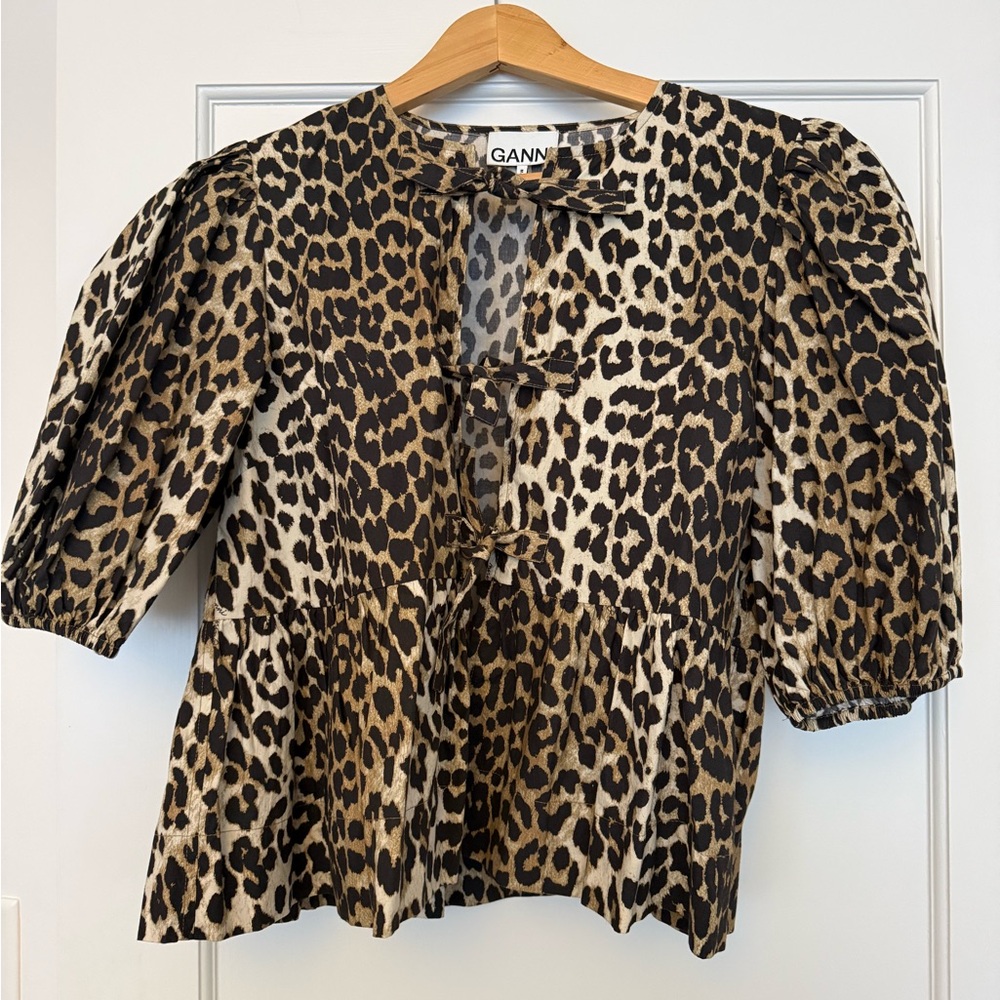 Ganni Leopard-Print Tie-Front Peplum Blouse in Brown and Black